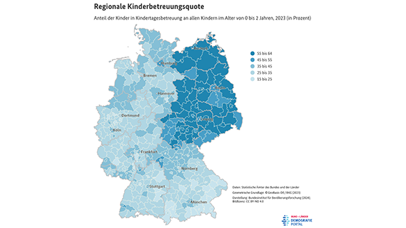 Karte zum Anteil der Kinder unter 3 Jahren in Kindertagesbetreuung nach Kreisen in Deutschland im Jahr 2023